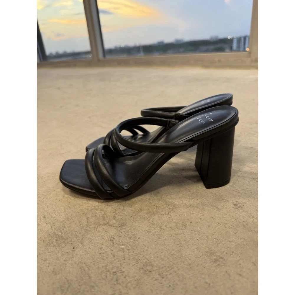 A New Day Women's Black Strappy Slip-On Block Heel Square Toe Sandals Size 6